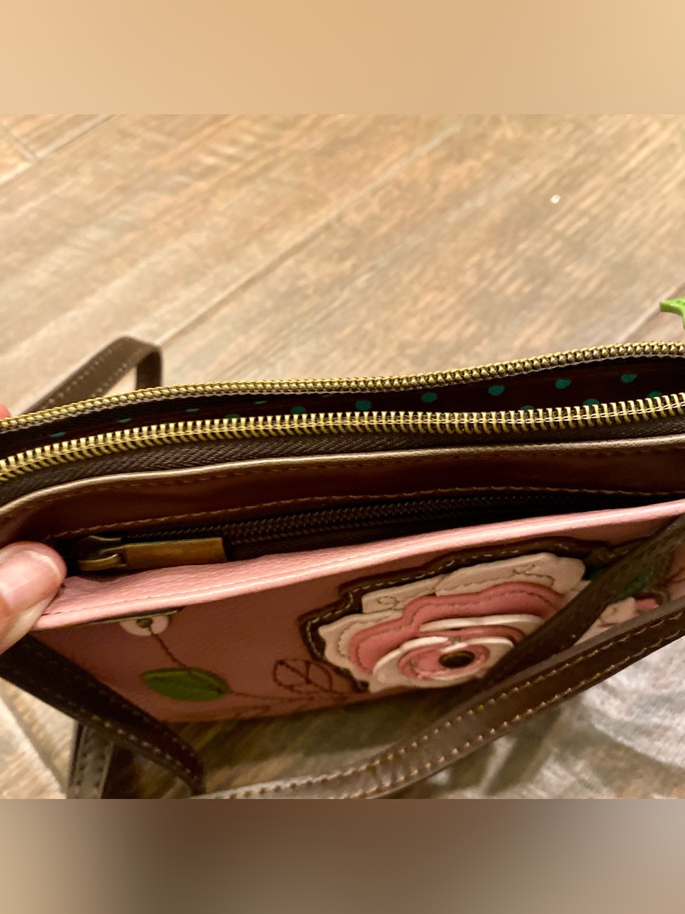 Chala Pink Floral Applique Crossbody with Brown Strap - Picture 8 of 10